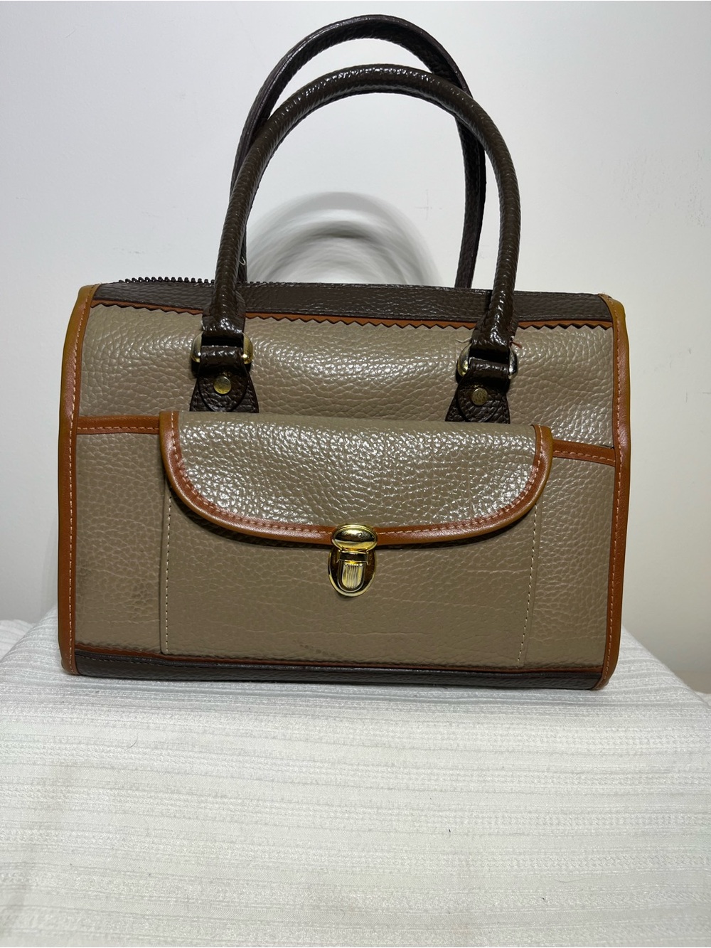 Taupe Satchel with Brown Handles and Tan Trim